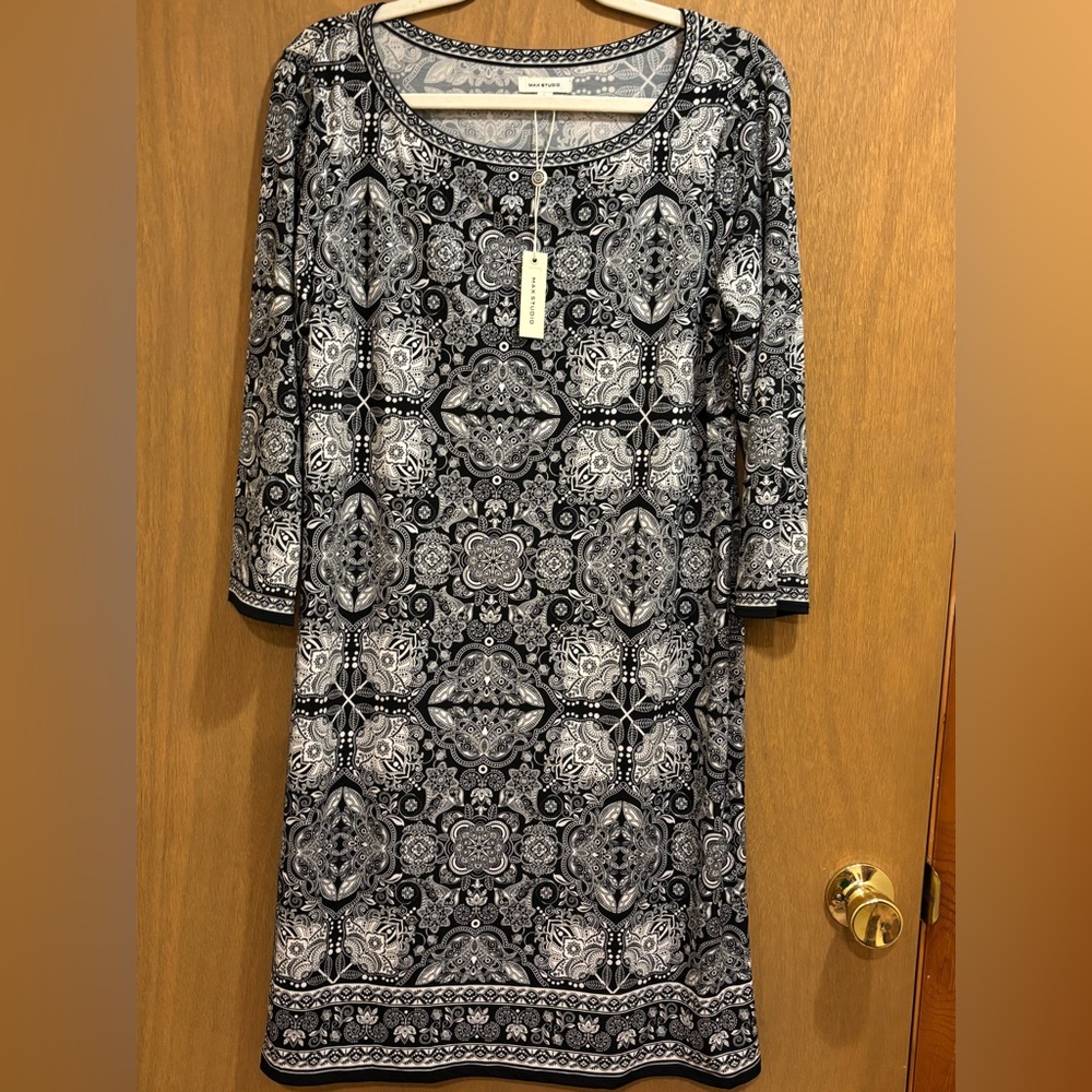 NWT Max Studio Black White Print Long Sleeve Sheath Dress Large